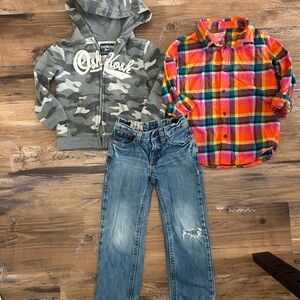 OshKosh Camo Zip Hoodie with Bright Plaid Shirt & Jeans